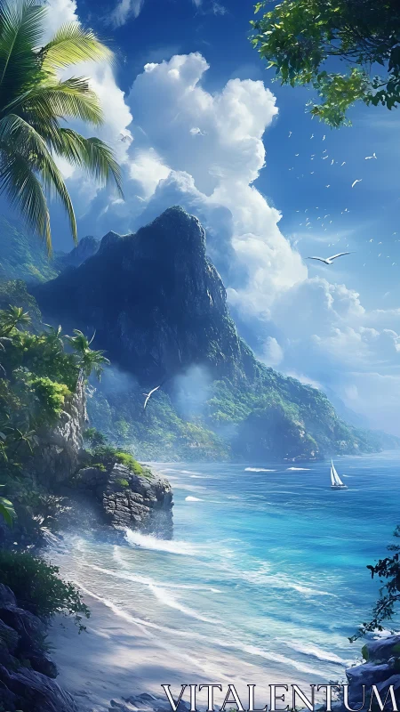 Coastal cliff formation with tropical vegetation and sailboat at sea.