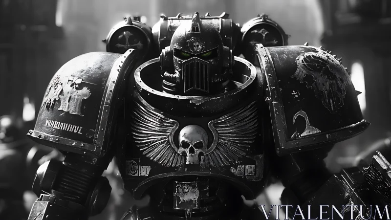 Armored sci fi super soldier in battle worn power armor.