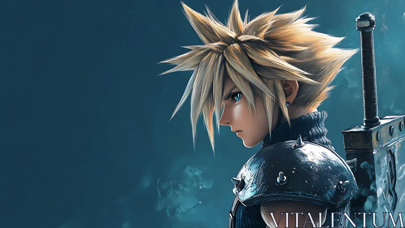 Spiky-haired warrior profile with massive sword poised