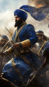 Photorealistic Sikh cavalry commander in dynamic battle charge.