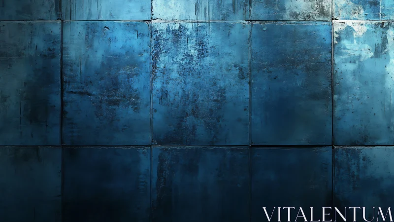 Blue metal wall shows weathered panels with subtle gloss