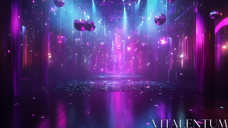 Neon lit dance floor shows reflective balls and falling confetti