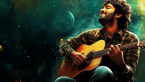Guitarist basks in cosmic light while playing joyfully.