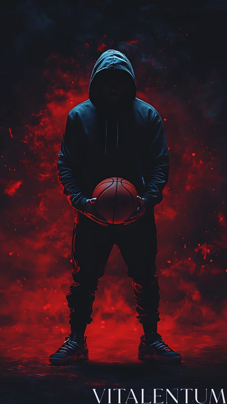Silhouetted basketball player in hooded apparel within red volumetric haze