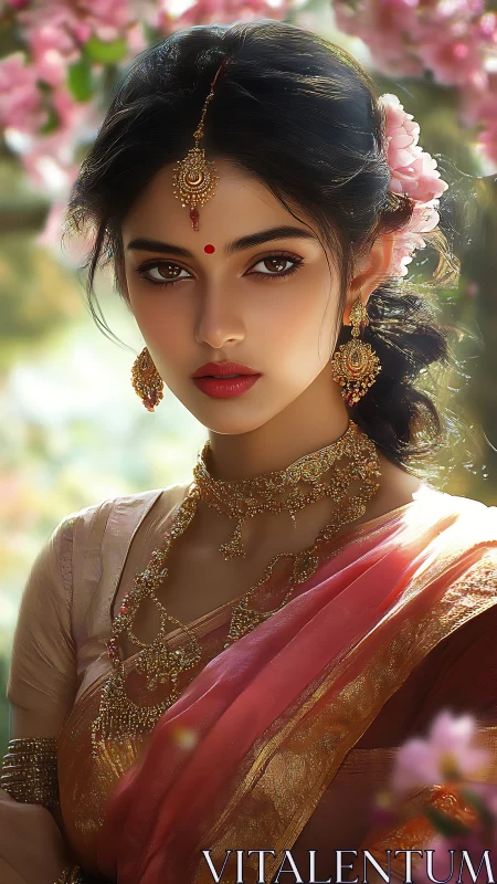 Elegant South Asian bride framed by soft spring blossoms.