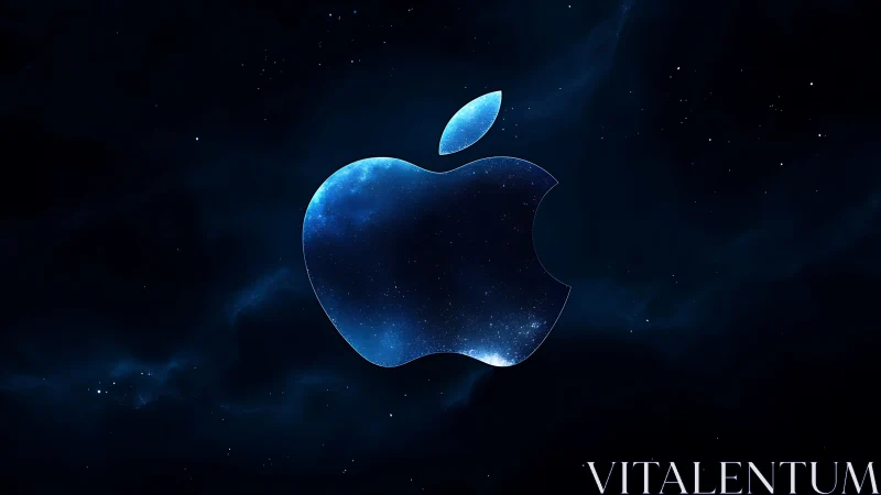 Apple-shaped cosmic nebula glows in deep blue space.