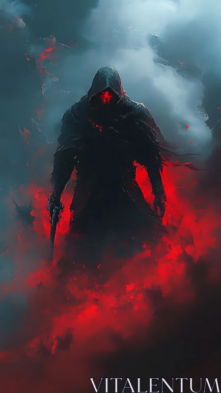 Hooded dark figure emerging from red inferno smoke