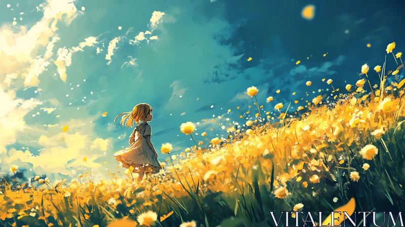 Girl walking through yellow flower field under bright sky.