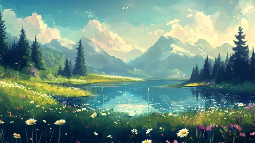 Sunlit mountain lake cradled by wildflowers and tall pines.