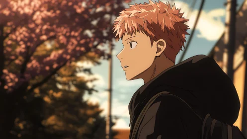 Teen boy walks under soft sunset light along quiet street