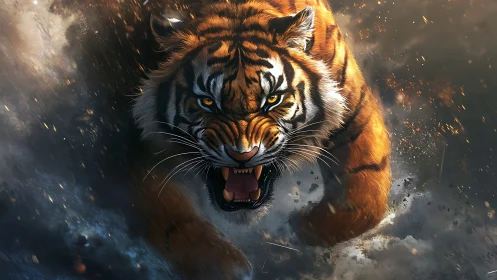 Tiger in mid-charge amid debris and sparks in motion field.