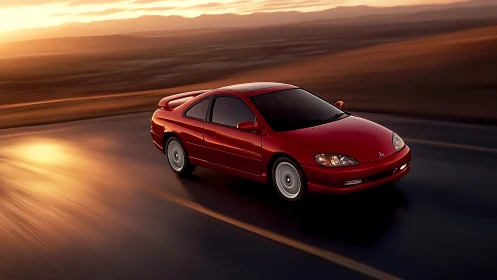 Crimson coupe chases molten sunset across empty highway.