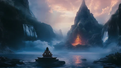 Solitary yogi meditates before luminous mountain temple