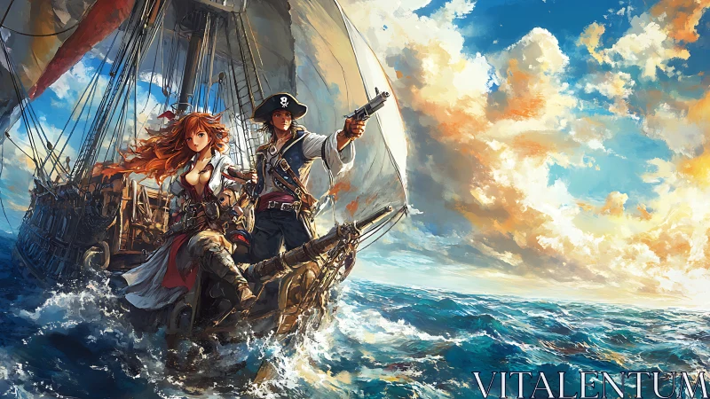 Pirate crew stands at ship bow under dynamic seascape sky