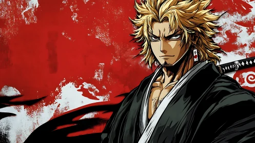 Samurai swordsman portrait with dynamic brush-textured red backdrop