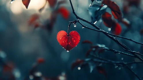 Heart-Shaped Leaf Glistens with Morning Raindrops.