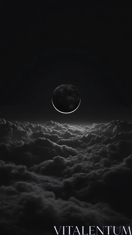 Crescent moon above dense illuminated nocturnal cloud deck.