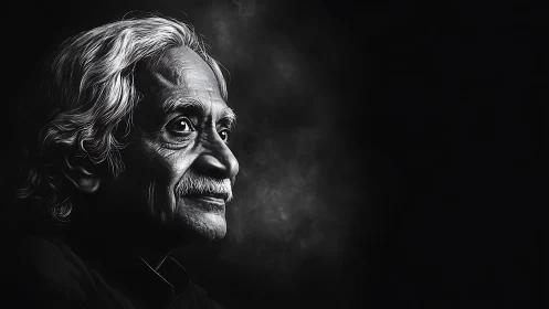 Elderly man portrait in dramatic black and white light.