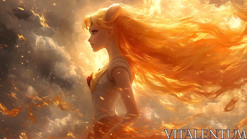 Fiery-haired warrior stands within swirling golden storm