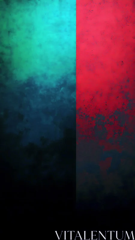 Vertical diptych abstraction in cyan and crimson fields.