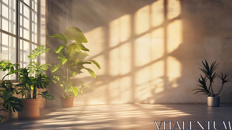 Soft volumetric sunlight casts window grid shadows on indoor plants