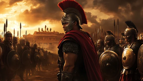 Roman legionary stands between shielded ranks at sunset