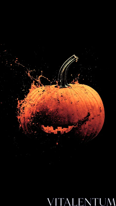 Splashing jack-o’-lantern glowing in inky black night.