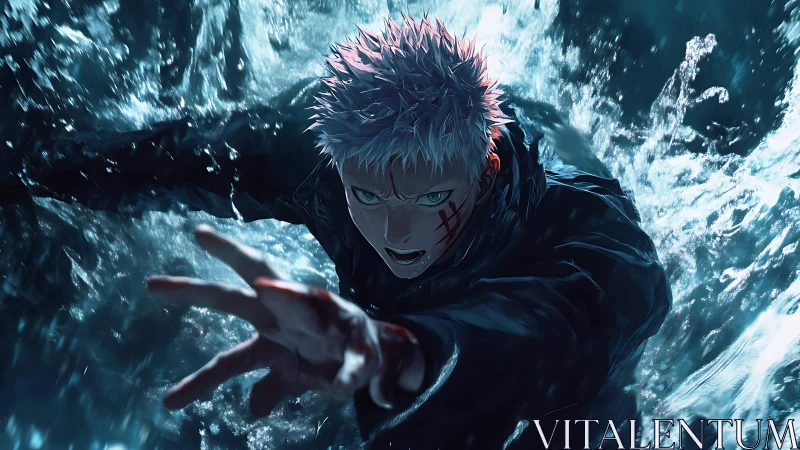 Storm-scarred warrior lunges through crashing tidal fury.