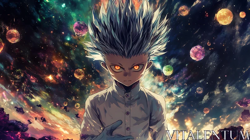 Cosmic child with glowing eyes confronts swirling galaxies