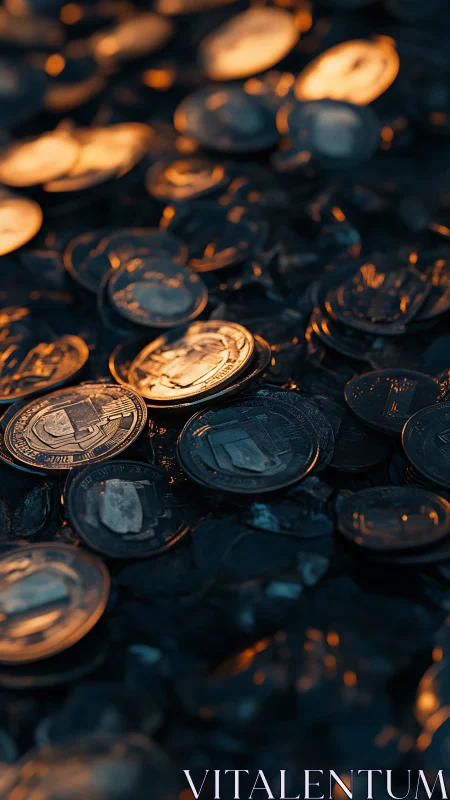 Scattered crypto coins in moody teal and amber bokeh light.