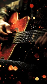 Close view shows fingers playing acoustic guitar strings