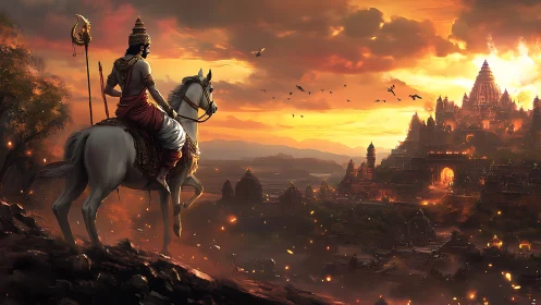 Warrior on white horse surveys glowing temple city at dusk