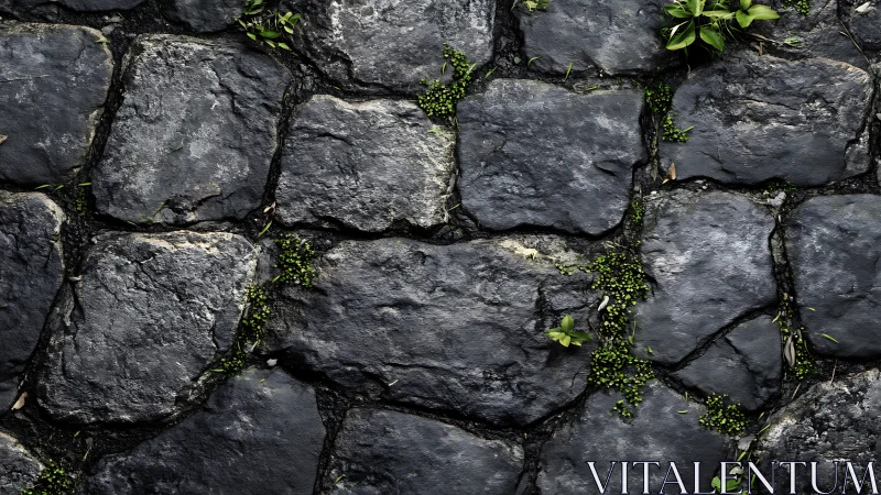 Weathered stone paving with sparse green plant growth.