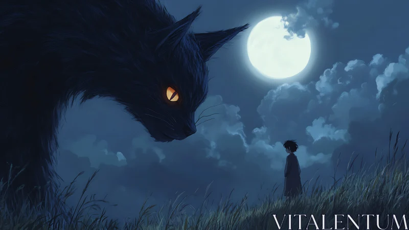 Moonlit meadow standoff with a colossal midnight cat spirit.