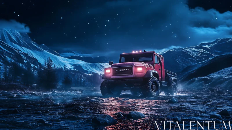 Crimson truck exploring a moonlit mountain riverbed night.