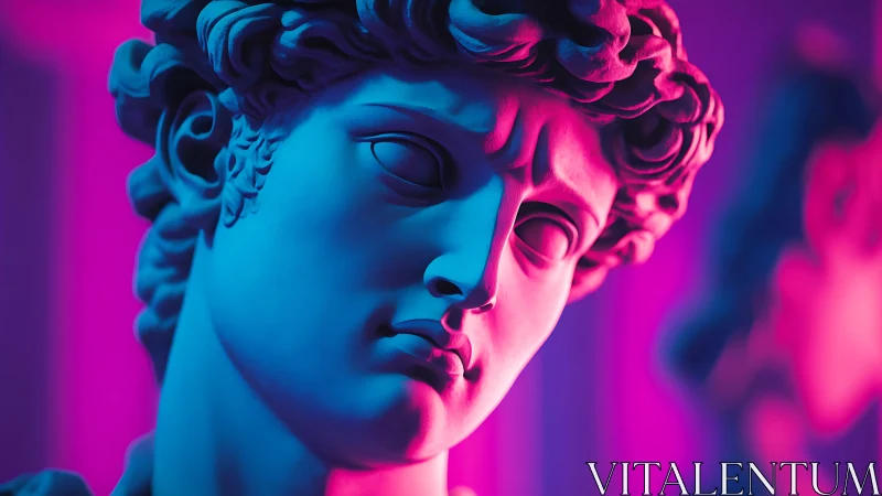 Classical marble head rendered with dual neon color lighting
