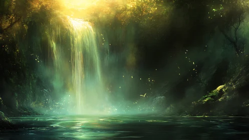 Luminous forest waterfall with ethereal mist and fireflies.