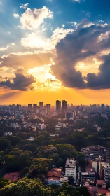 Sunlit towers inhale the last blaze of a sprawling city dusk