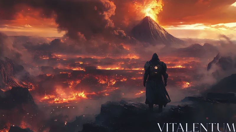 Lone cloaked wanderer overlooking erupting volcanic wasteland