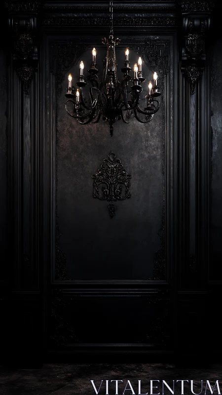 Black chandelier hangs over ornate dark paneled wall