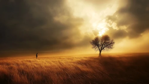 Solitary figure crossing golden field under dramatic storm light
