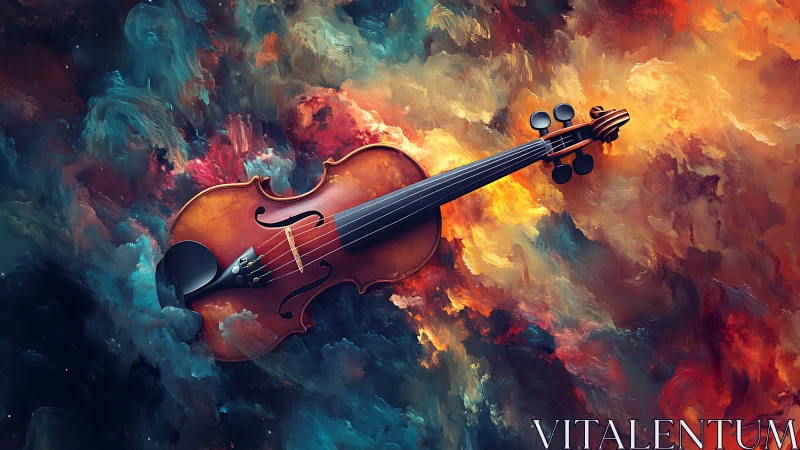 Violin suspended in nebula-like clouds uniting music and cosmos