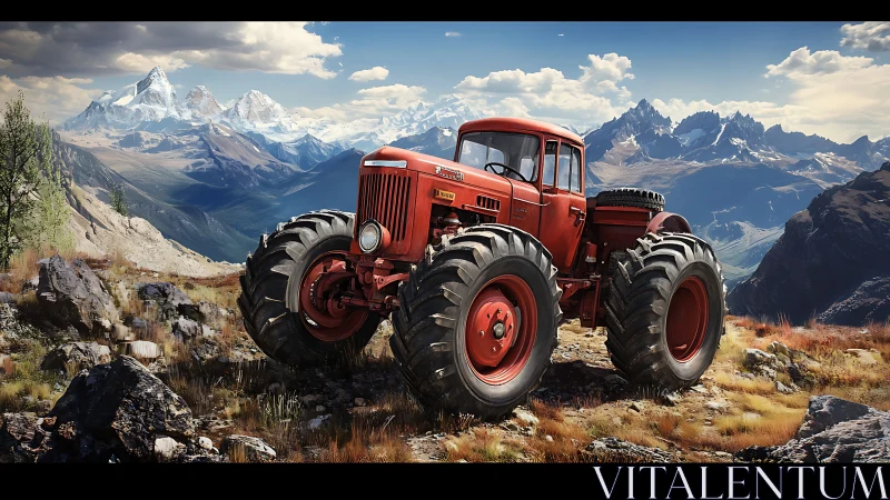 Mountain-giant red tractor prowls rugged alpine skyline.