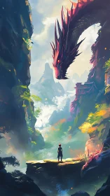 Mountain pass meeting between a lone traveler and dragon.
