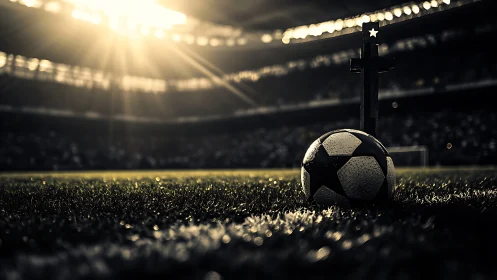 Soccer ball rests by memorial cross under stadium floodlights