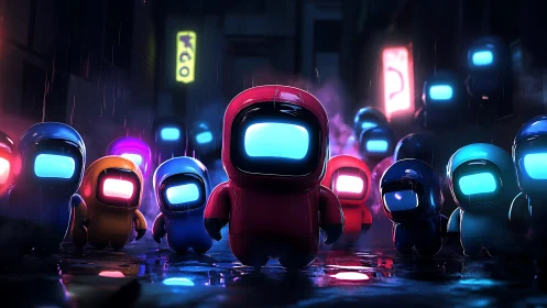 Neon-lit chibi astronauts march through wet cyberpunk alleyway
