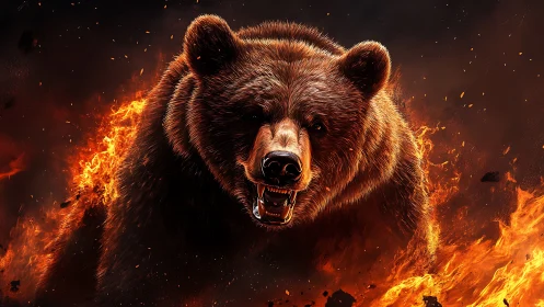 Fierce firelit bear charging forward with unstoppable energy.