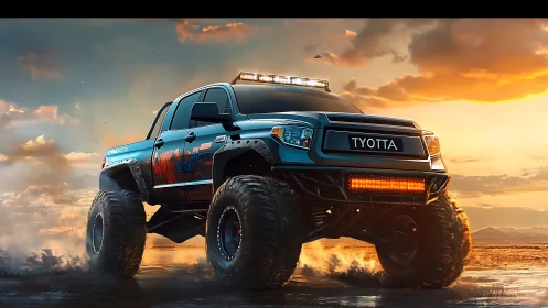 Lifted off-road pickup dominates dramatic sunset terrain scene