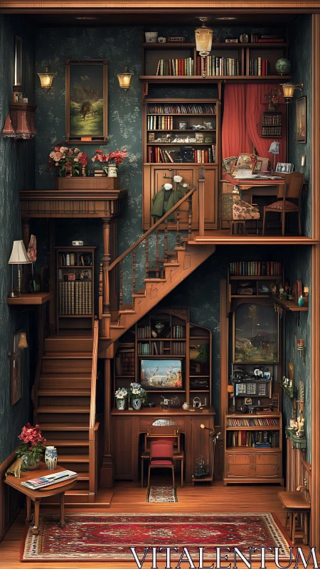 Multilevel vintage study interior with wooden staircases.