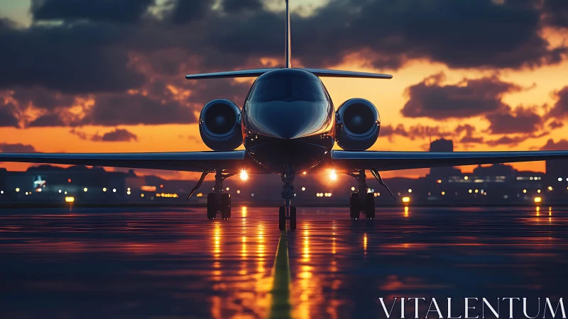 Low-angle frontal view of private jet on wet runway at dusk